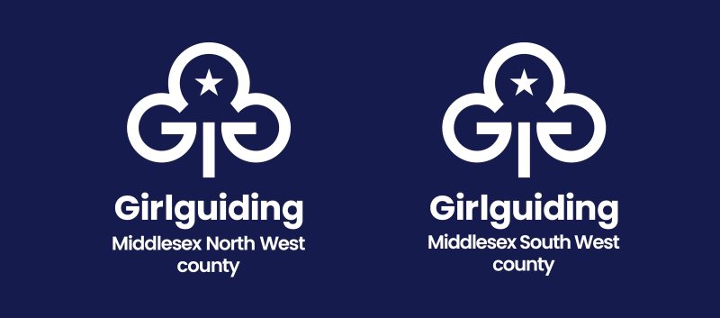 The official Girlguiding trefoil logo for Middlesex North West and Middlesex South West counties, next to each other in white on a navy blue background.